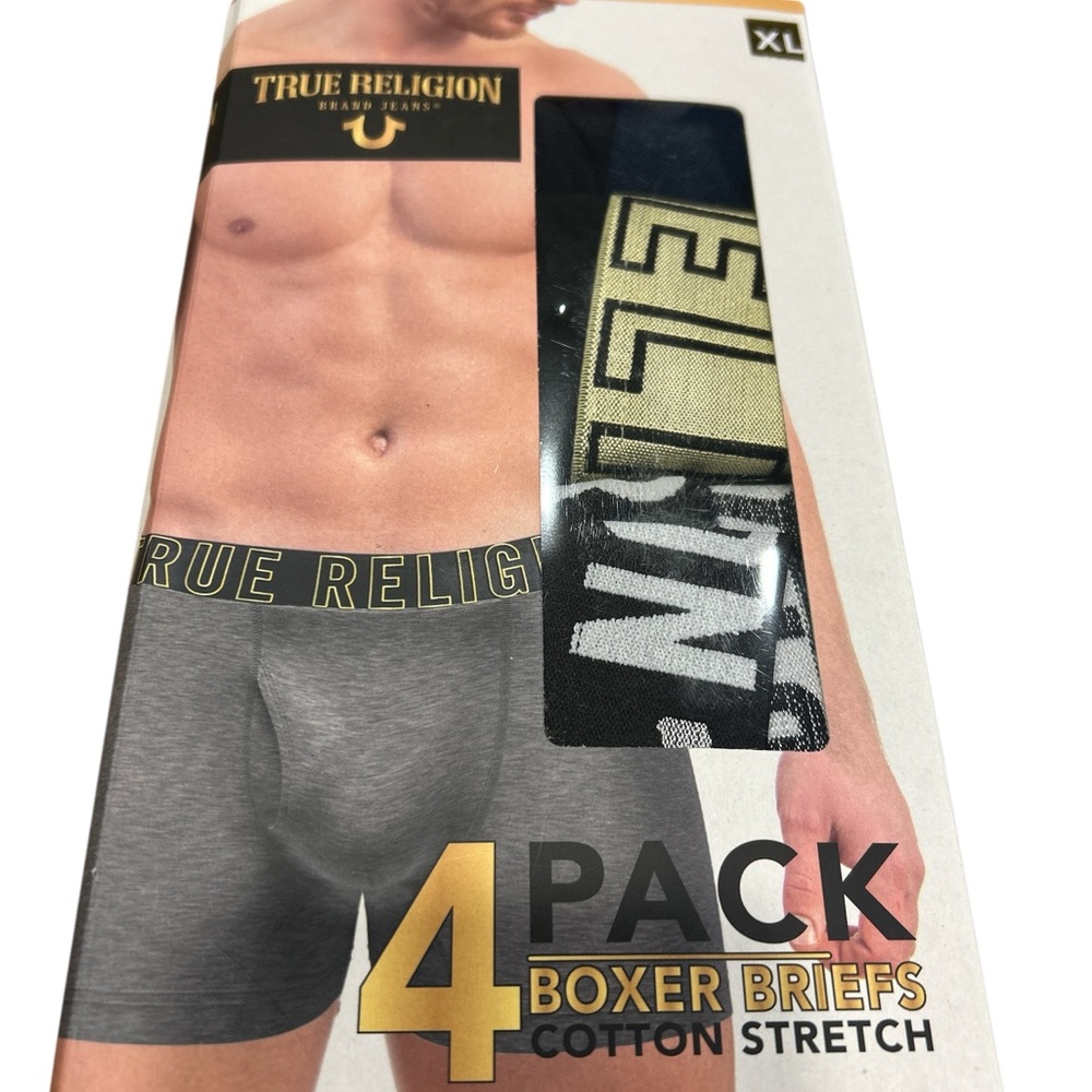 True Religion Men's Gray Boxer Briefs with Black & Gold Waistband - 4 Pack cl